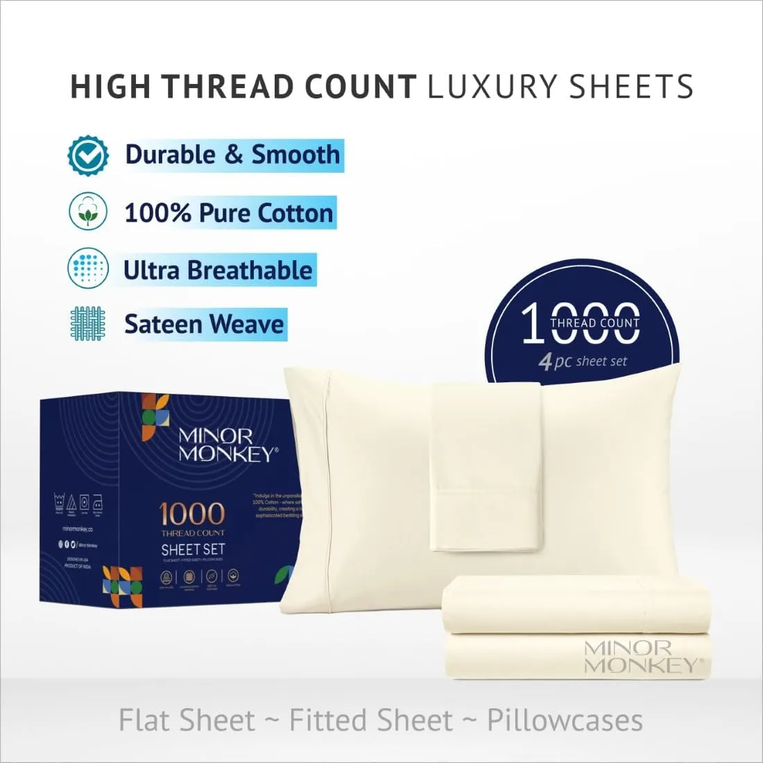 1000 Thread Count 100% Egyptian Cotton Sheets Set California King Size Ivory Bed Sheet 4 Piece bed sheet Sets Long Staple 16 Inches Deep Pocket All Season Bedding Super Soft Breathable Sateen Finish