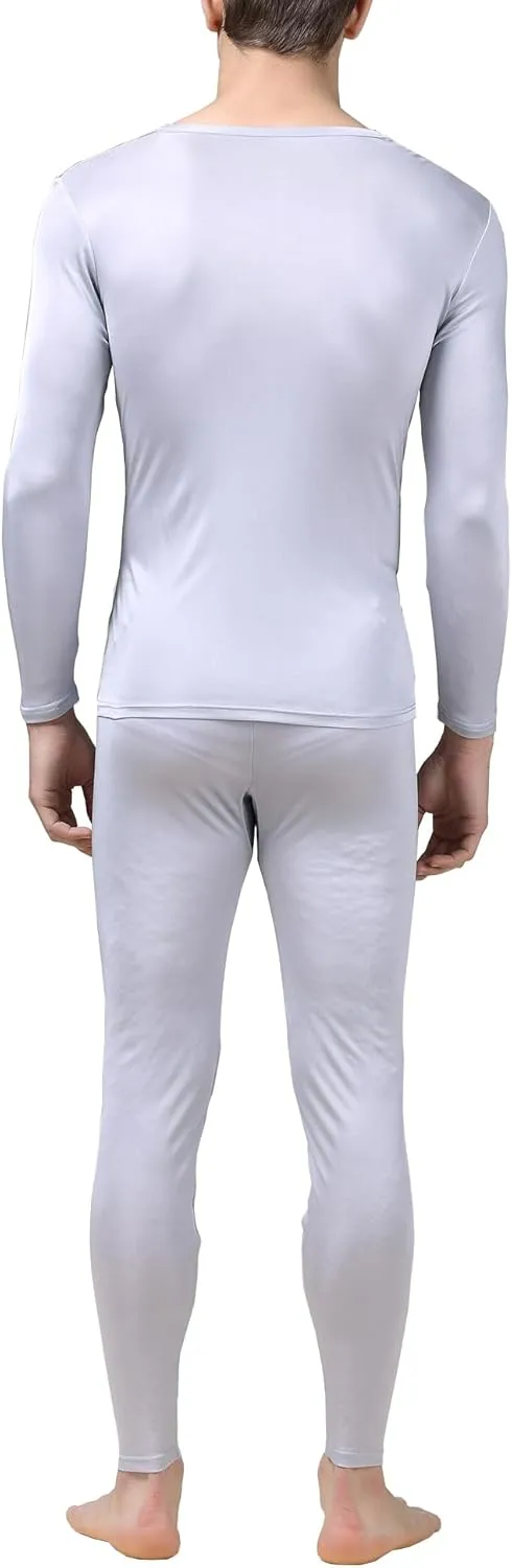2Pcs Mens Pure Silk Winter Thermal Set Soft Underwear Base Longsleeve Johns Set Crew V Neck Silk Shirt Pants