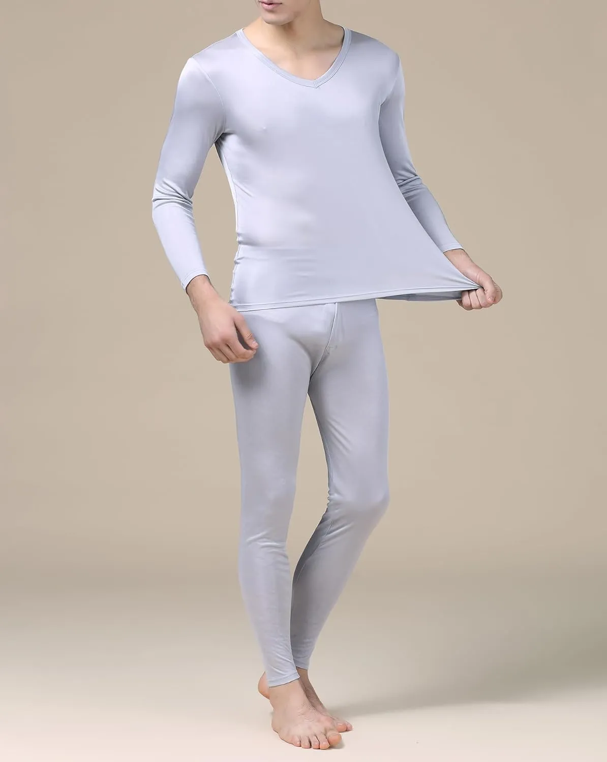2Pcs Mens Pure Silk Winter Thermal Set Soft Underwear Base Longsleeve Johns Set Crew V Neck Silk Shirt Pants