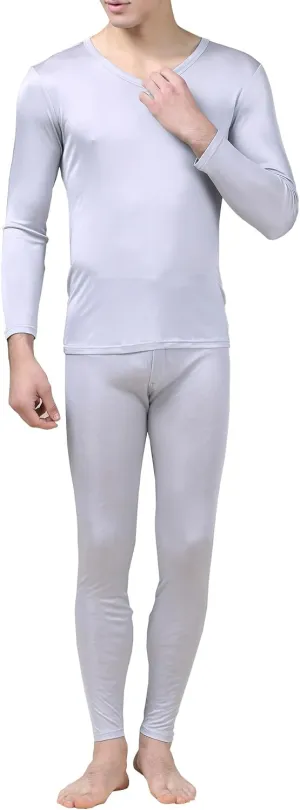 2Pcs Mens Pure Silk Winter Thermal Set Soft Underwear Base Longsleeve Johns Set Crew V Neck Silk Shirt Pants