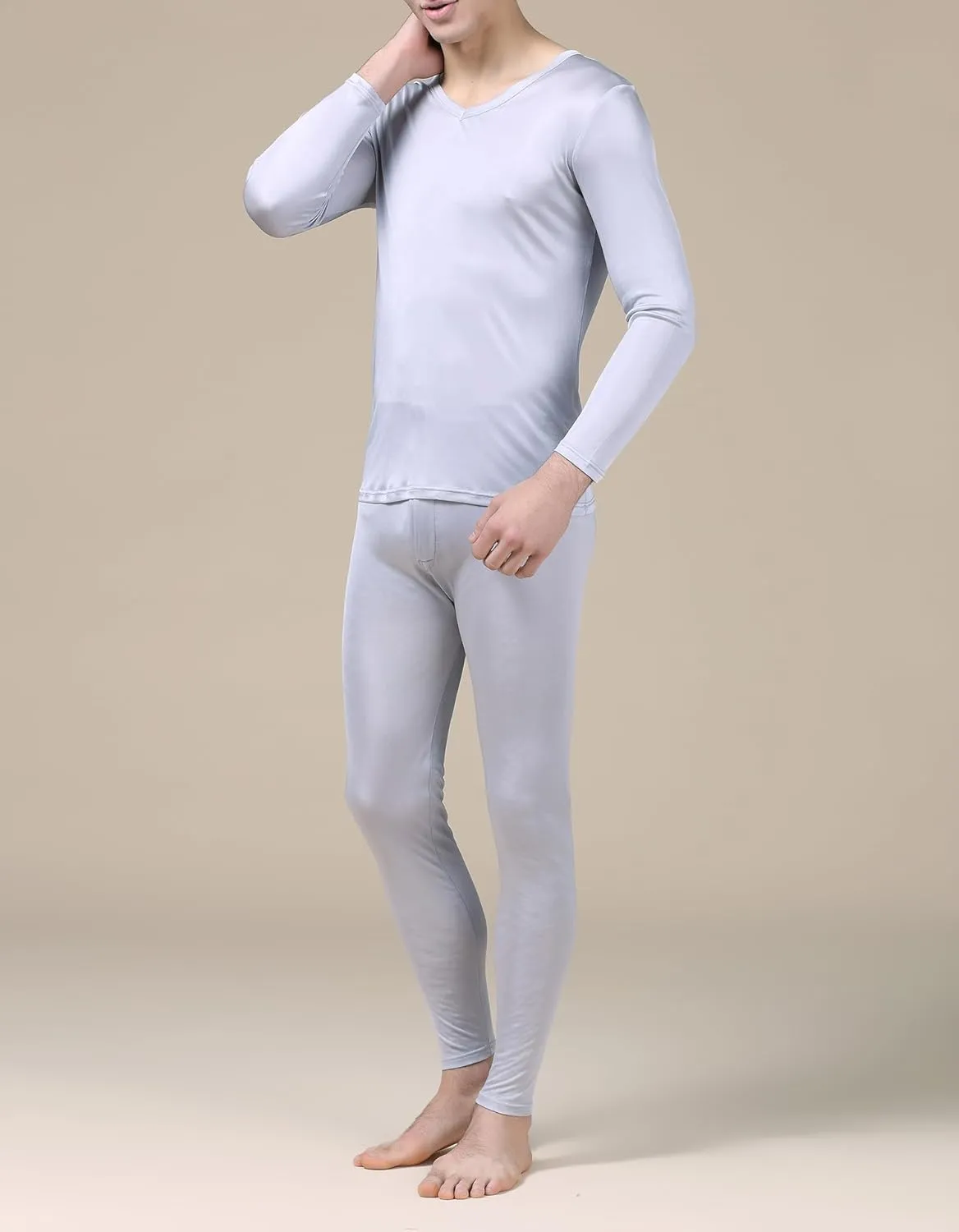 2Pcs Mens Pure Silk Winter Thermal Set Soft Underwear Base Longsleeve Johns Set Crew V Neck Silk Shirt Pants