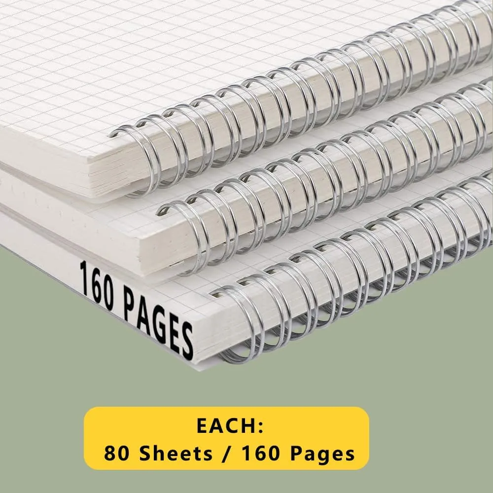 3PCS Graph Grid 120GSM Thick Paper Spiral Notebooks with Removable Elastic Bands, Medium Size Graphing notebook 5.7" x 8.3" (A5, Grid)