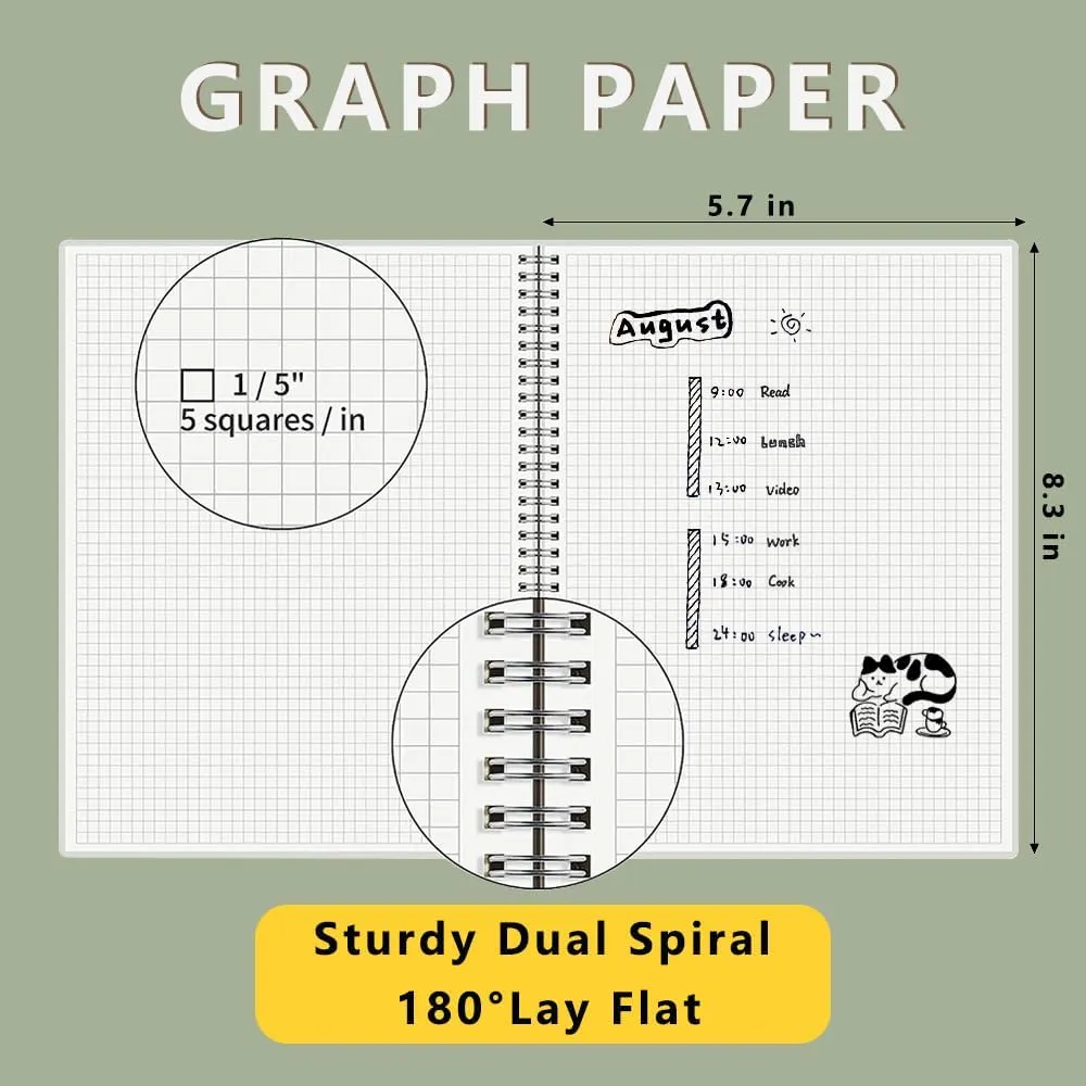 3PCS Graph Grid 120GSM Thick Paper Spiral Notebooks with Removable Elastic Bands, Medium Size Graphing notebook 5.7" x 8.3" (A5, Grid)