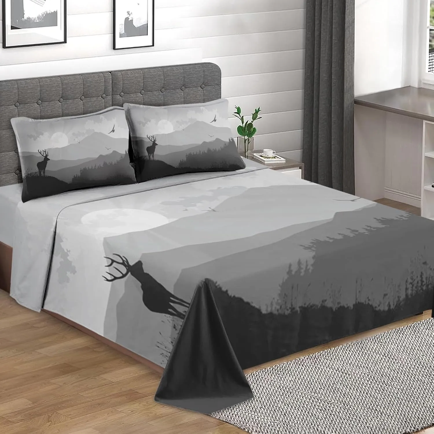 4 Pcs Fitted Sheet Set Full Bedsheet with Deep Pocket, Mountain Deer Hunting Camping, Bedroom Pine Tree Sun Sunset Bed Sets Pillowcase Flat Bed Sheet Bedding Decor for Kids and Adults