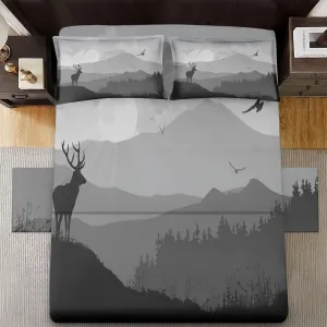 4 Pcs Fitted Sheet Set Full Bedsheet with Deep Pocket, Mountain Deer Hunting Camping, Bedroom Pine Tree Sun Sunset Bed Sets Pillowcase Flat Bed Sheet Bedding Decor for Kids and Adults