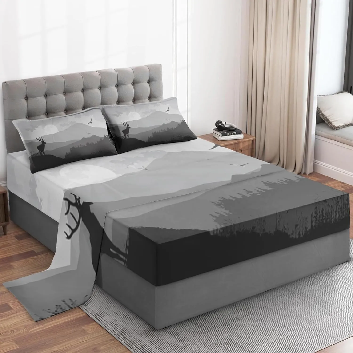 4 Pcs Fitted Sheet Set Full Bedsheet with Deep Pocket, Mountain Deer Hunting Camping, Bedroom Pine Tree Sun Sunset Bed Sets Pillowcase Flat Bed Sheet Bedding Decor for Kids and Adults