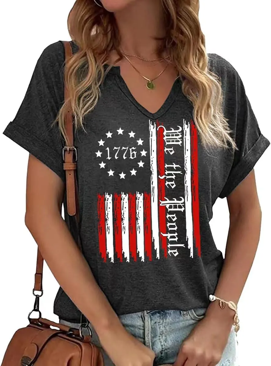 4th of July V Neck Patriotic T-Shirts Women American Flag Print Faith Family Freedom Letter Casual Short Sleeve Tee Tops
