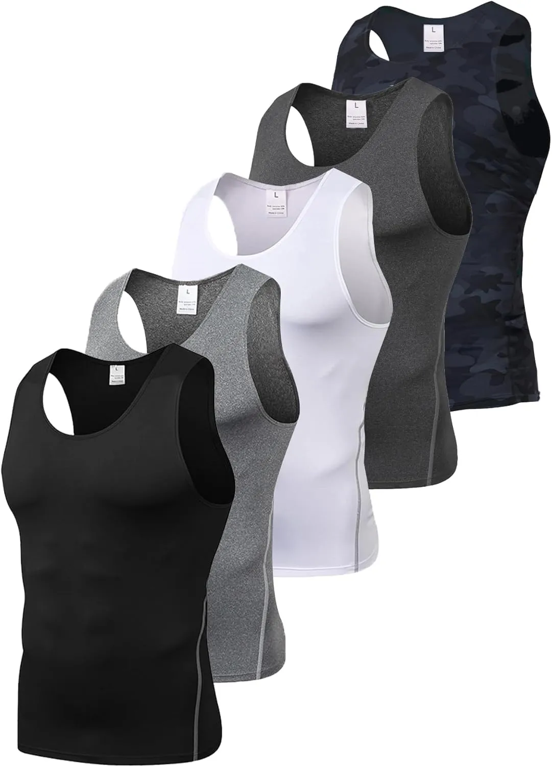 5 Pack Men's Camouflage Compression Shirts Sleeveless Athletic Workout Tank Top Sports Baselayer Running Undershirt