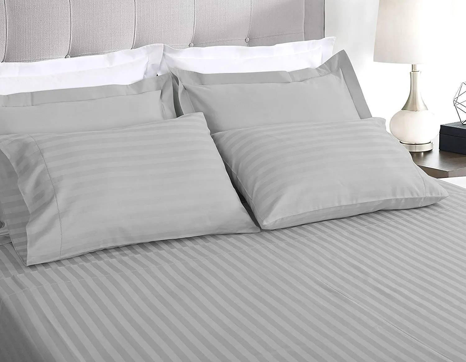 500-Thread-Count Bed Sheet Set California King Size Fits 15-18 Inches Deep Pocket (Stripe, Brushed Silver)
