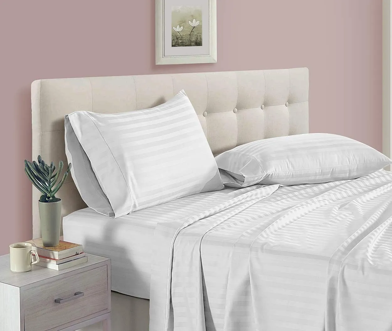 500-Thread-Count Bed Sheet Set California King Size Fits 15-18 Inches Deep Pocket (Stripe, Brushed Silver)