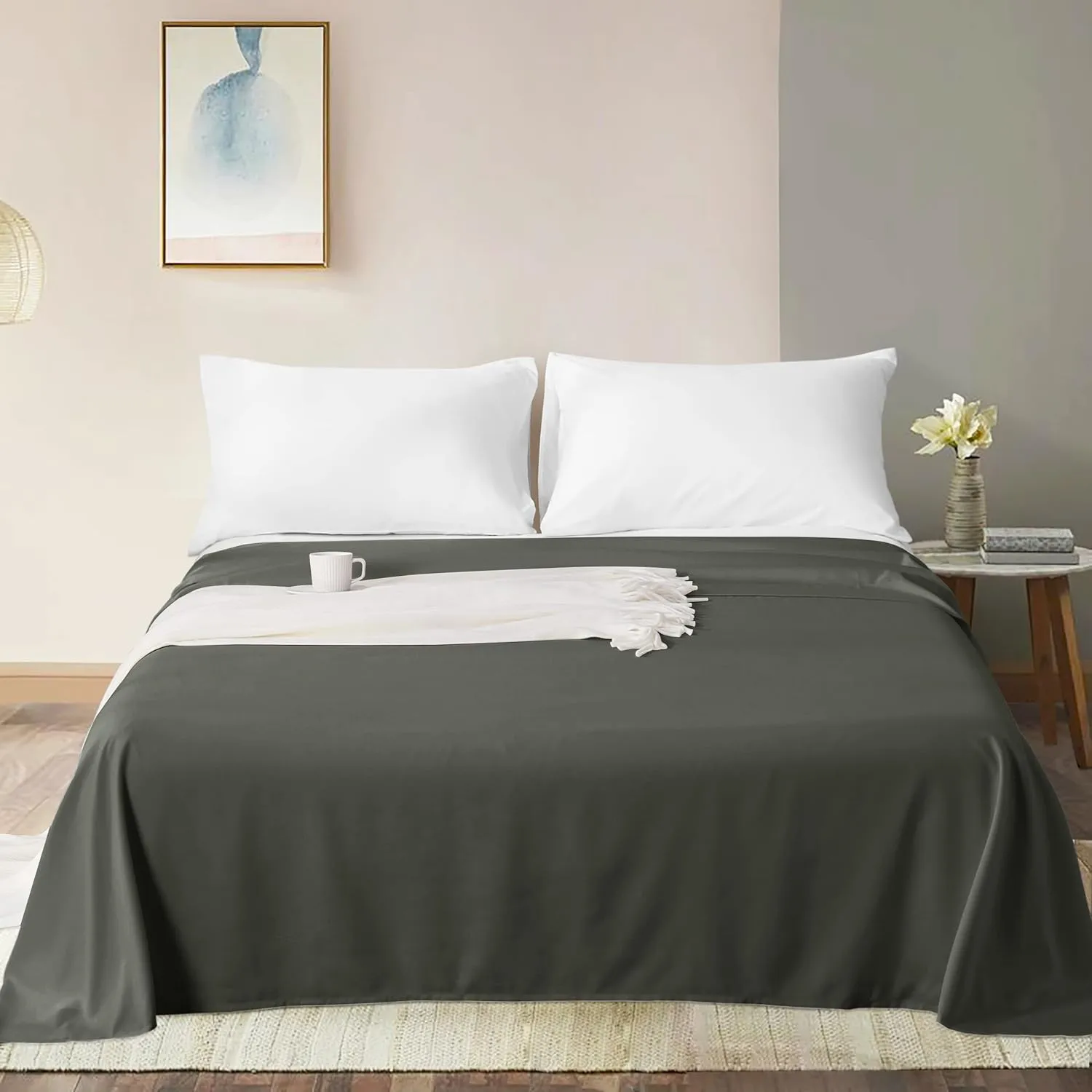 600 Thread Count Egyptian Cotton 1-PC Flat Sheet Only, Ultra Soft Flat Sheets, Solid Elephant Grey Oversized (110 x 132)