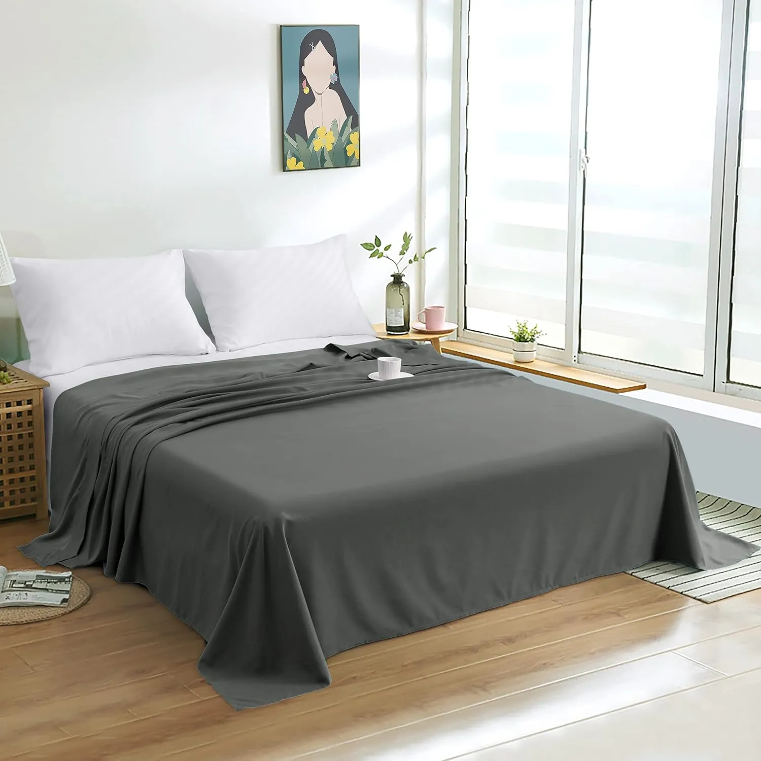 600 Thread Count Egyptian Cotton 1-PC Flat Sheet Only, Ultra Soft Flat Sheets, Solid Elephant Grey Oversized (110 x 132)