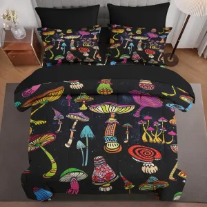 7 Pcs Comforter Set Full Size, Mushroom Magic Bed in a Bag with Flat Sheet and Fitted Sheet for Kids and Adults, Forest Black Biology Bedding Set with Pillowcase & Sham
