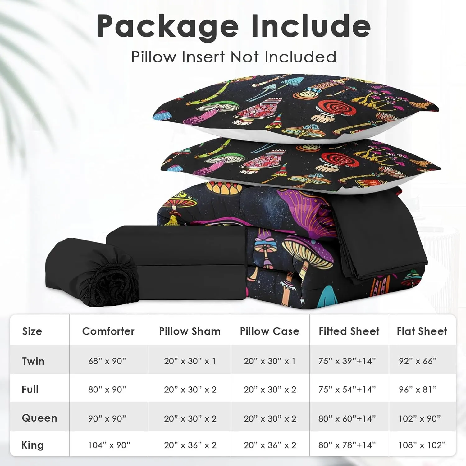 7 Pcs Comforter Set Full Size, Mushroom Magic Bed in a Bag with Flat Sheet and Fitted Sheet for Kids and Adults, Forest Black Biology Bedding Set with Pillowcase & Sham