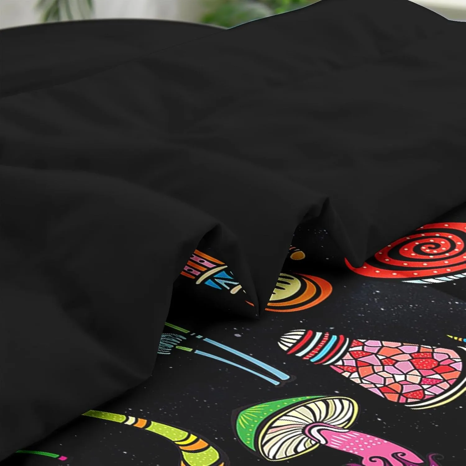 7 Pcs Comforter Set Full Size, Mushroom Magic Bed in a Bag with Flat Sheet and Fitted Sheet for Kids and Adults, Forest Black Biology Bedding Set with Pillowcase & Sham