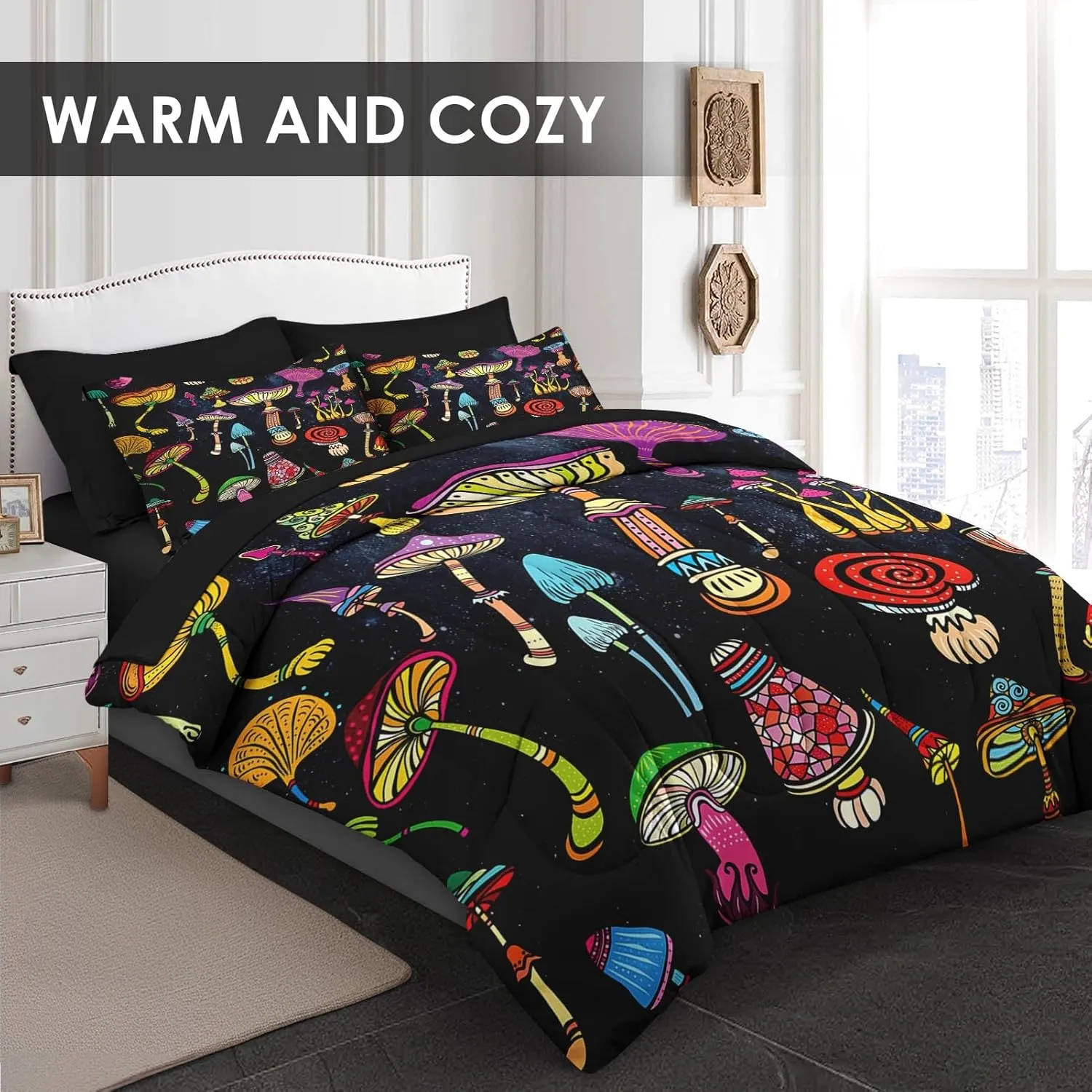 7 Pcs Comforter Set Full Size, Mushroom Magic Bed in a Bag with Flat Sheet and Fitted Sheet for Kids and Adults, Forest Black Biology Bedding Set with Pillowcase & Sham