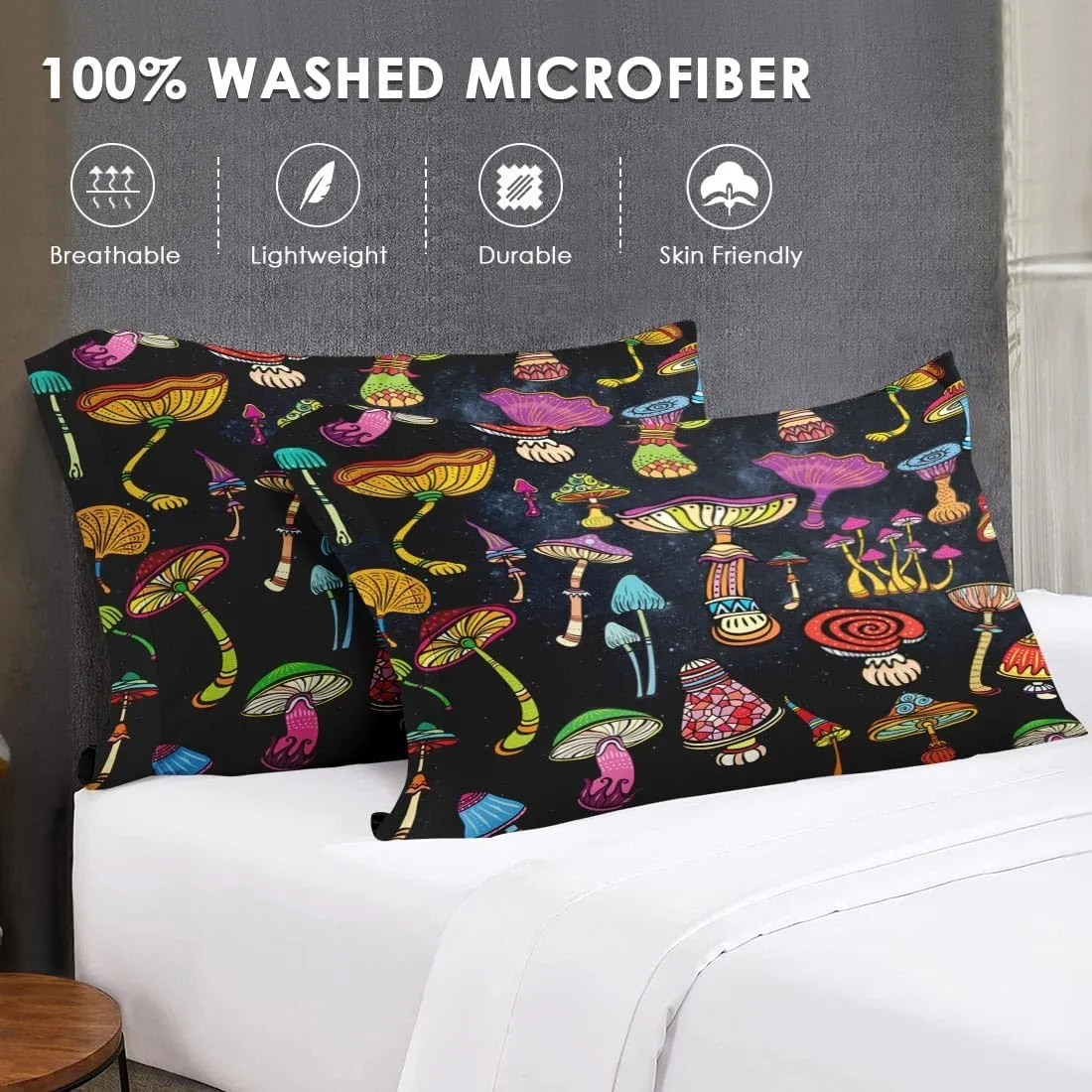 7 Pcs Comforter Set Full Size, Mushroom Magic Bed in a Bag with Flat Sheet and Fitted Sheet for Kids and Adults, Forest Black Biology Bedding Set with Pillowcase & Sham