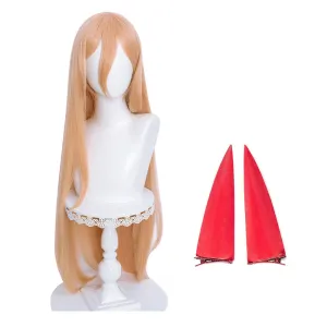 Aicos Long Orange Straight Cosplay Wigs with Bangs, Anime Hair Wigs with Free Red Horns and Wig Cap