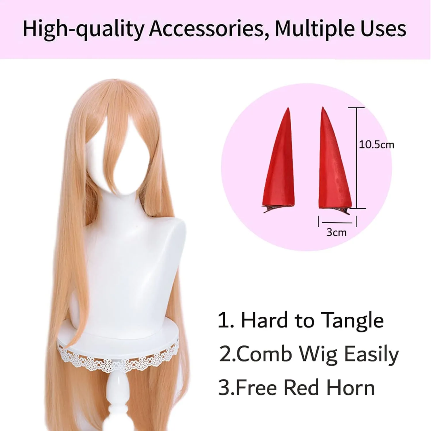 Aicos Long Orange Straight Cosplay Wigs with Bangs, Anime Hair Wigs with Free Red Horns and Wig Cap