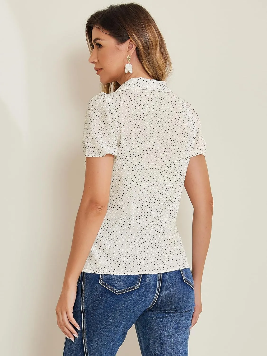 Allegra K Women's Polka Dots Short Sleeve Button Up Vintage 1950s Blouse