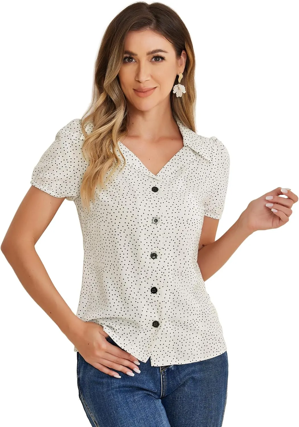 Allegra K Women's Polka Dots Short Sleeve Button Up Vintage 1950s Blouse