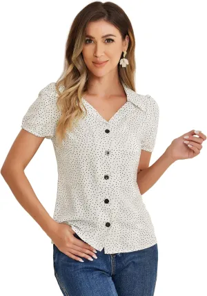 Allegra K Women's Polka Dots Short Sleeve Button Up Vintage 1950s Blouse