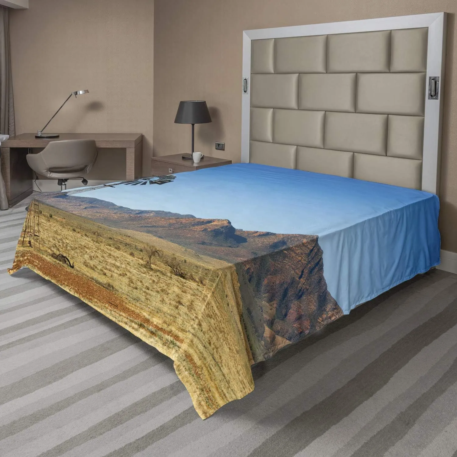 Ambesonne Windmill Flat Sheet, Flinders Ranges South Australia Mountains Barren Land Summer, Soft Comfortable Top Sheet Decorative Bedding 1 Piece, California King, Earth Yellow Pale Blue