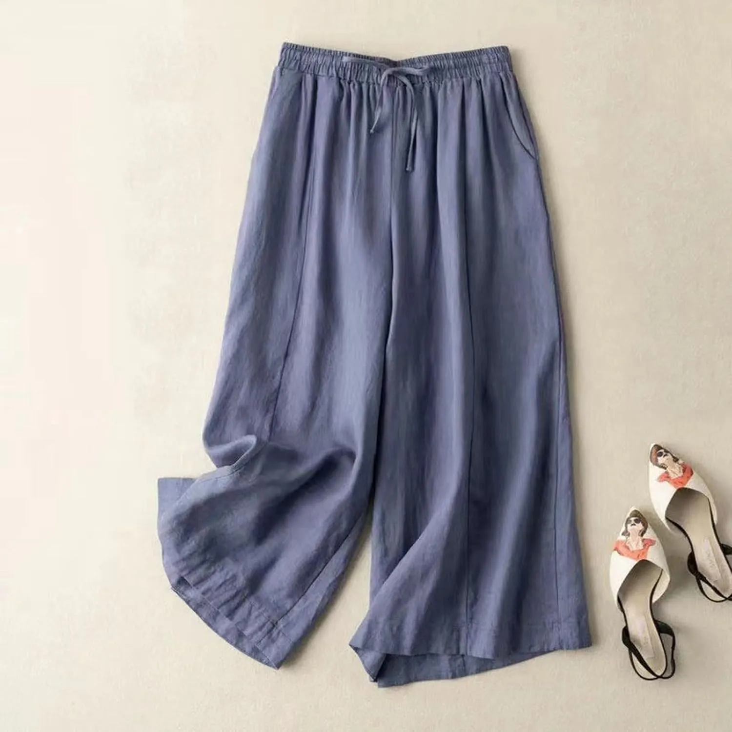 Aniywn Cropped Pants for Women Business Casual High Waisted Loose Capris Lounge Pull On Smocked Travel Pants with Pockets