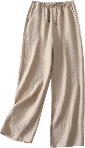 Aniywn Linen Pants Women Wide Leg Capri Cotton Casual Loose High Waisted Flowy Palazzo Trousers Boho Beach Pants with Pockets
