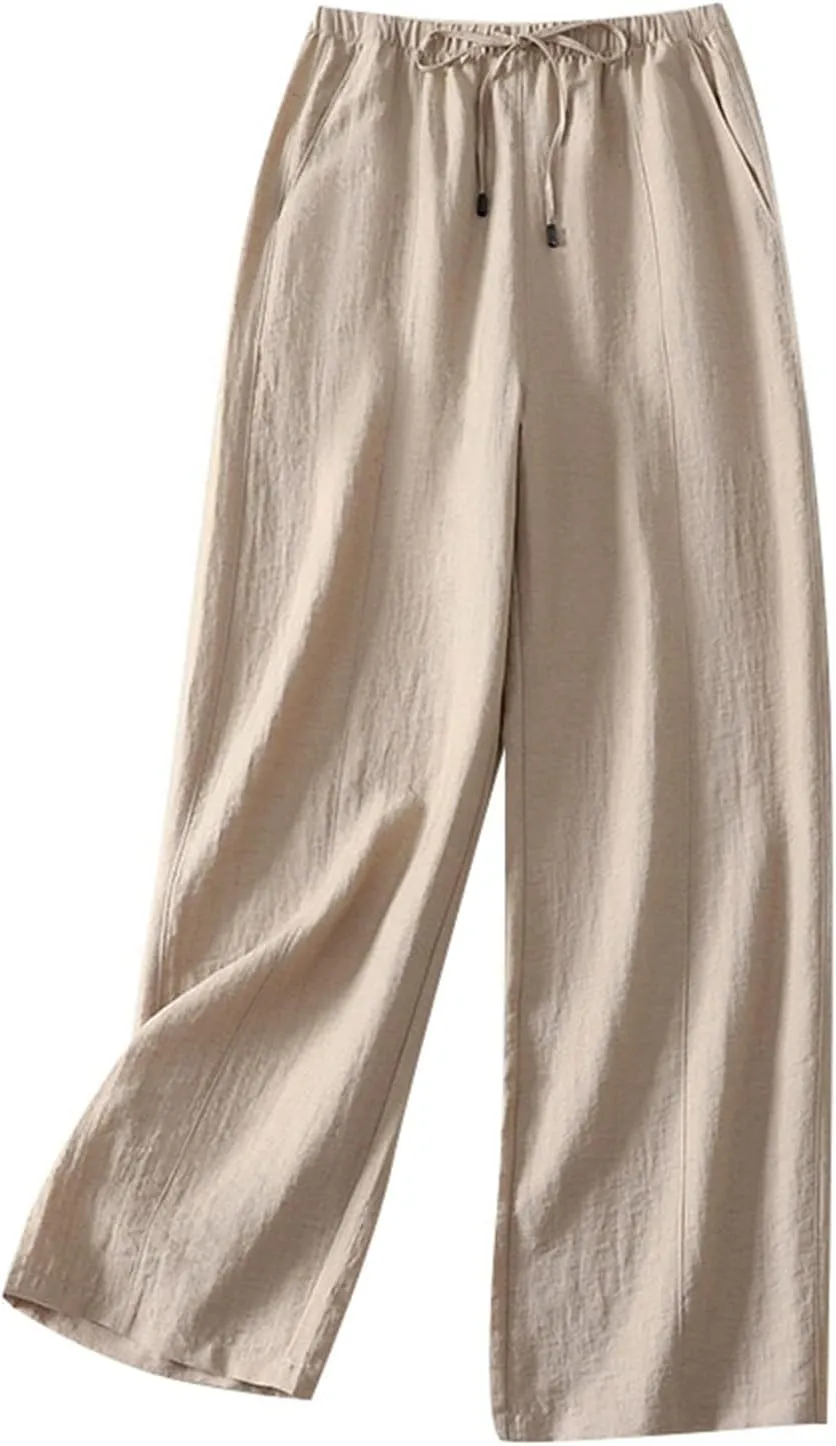 Aniywn Linen Pants Women Wide Leg Capri Cotton Casual Loose High Waisted Flowy Palazzo Trousers Boho Beach Pants with Pockets