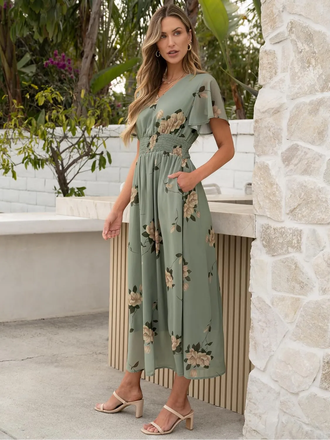 ANRABESS Womens Summer Floral Maxi Dress Casual V Neck Short Sleeve Chiffon Boho Flowy Beach 2025 Wedding Guest Long Dresses