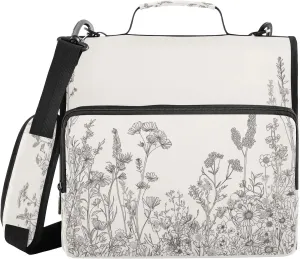 ATTX Black and White Flowers Zipper Binder with Adjustable Padded Strap - 3 Ring 500 Sheet Capacity Binder Bag with Multi-Pocket Organizer, Fits 12 Inch Laptop#137