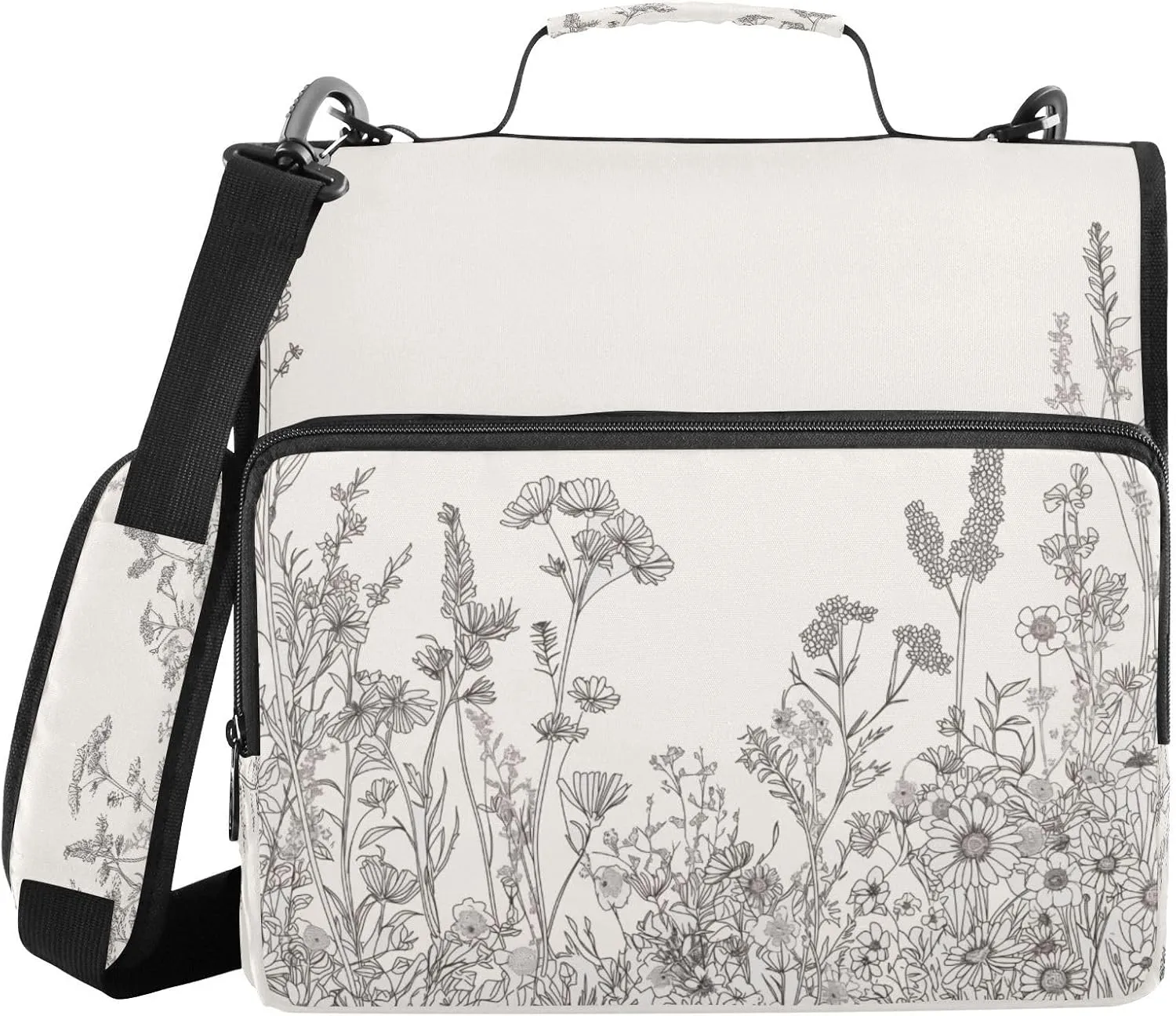 ATTX Black and White Flowers Zipper Binder with Adjustable Padded Strap - 3 Ring 500 Sheet Capacity Binder Bag with Multi-Pocket Organizer, Fits 12 Inch Laptop#137
