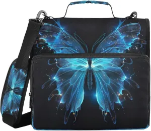 ATTX Blue Butterfly Zipper Binder with Adjustable Padded Strap - 3 Ring 500 Sheet Capacity Binder Bag with Multi-Pocket Organizer, Fits 12 Inch Laptop#605
