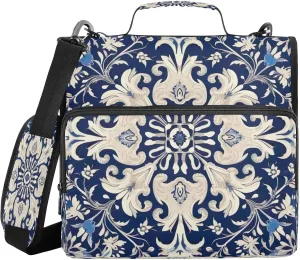 ATTX Blue White Pattern Zipper Binder with Adjustable Padded Strap - 3 Ring 500 Sheet Capacity Binder Bag with Multi-Pocket Organizer, Fits 12 Inch Laptop#411