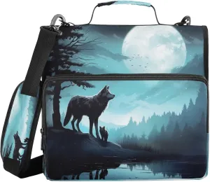 ATTX Evening Moon Wolf Zipper Binder with Adjustable Padded Strap - 3 Ring 500 Sheet Capacity Binder Bag with Multi-Pocket Organizer, Fits 12 Inch Laptop#372