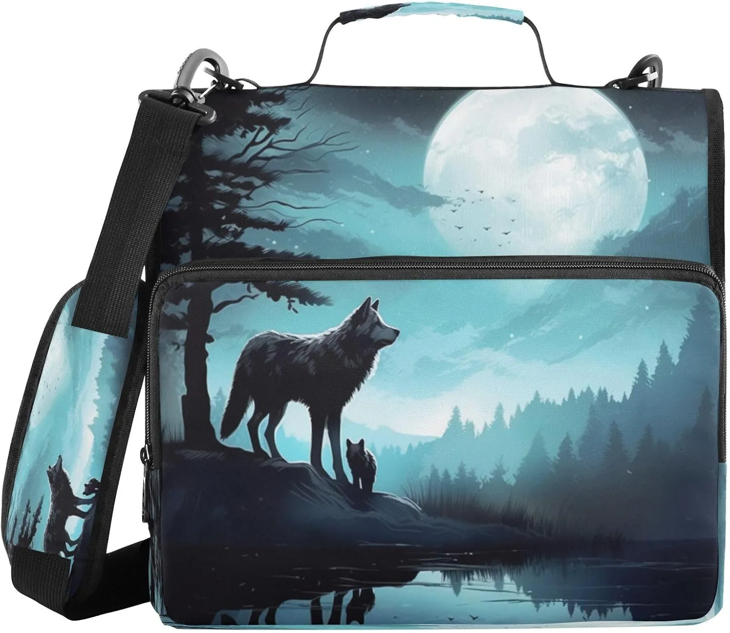 ATTX Evening Moon Wolf Zipper Binder with Adjustable Padded Strap - 3 Ring 500 Sheet Capacity Binder Bag with Multi-Pocket Organizer, Fits 12 Inch Laptop#372