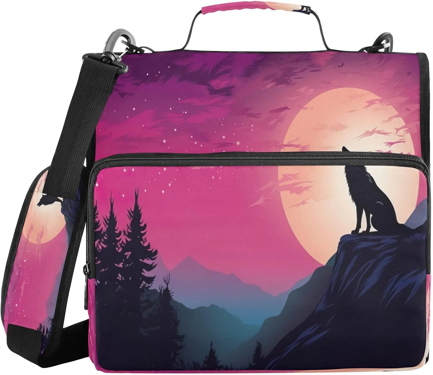 ATTX Lonely Wolf Howling Zipper Binder with Adjustable Padded Strap - 3 Ring 500 Sheet Capacity Binder Bag with Multi-Pocket Organizer, Fits 12 Inch Laptop#400