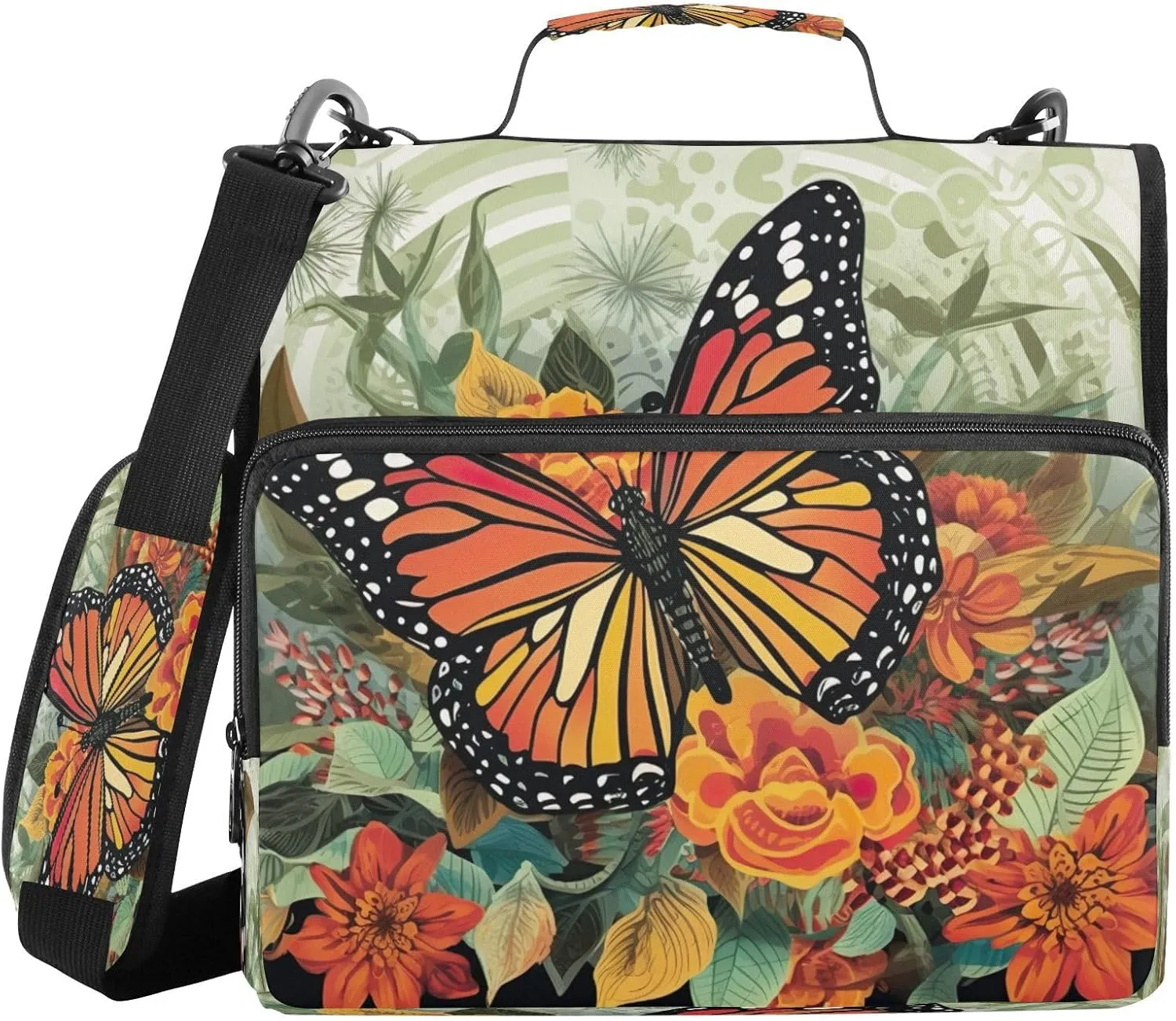 ATTX Orange Butterfly Zipper Binder with Adjustable Padded Strap - 3 Ring 500 Sheet Capacity Binder Bag with Multi-Pocket Organizer, Fits 12 Inch Laptop#439