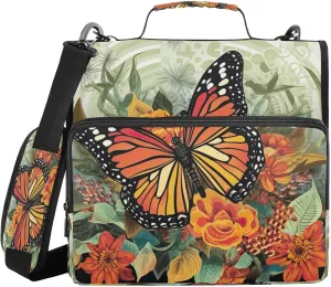 ATTX Orange Butterfly Zipper Binder with Adjustable Padded Strap - 3 Ring 500 Sheet Capacity Binder Bag with Multi-Pocket Organizer, Fits 12 Inch Laptop#439