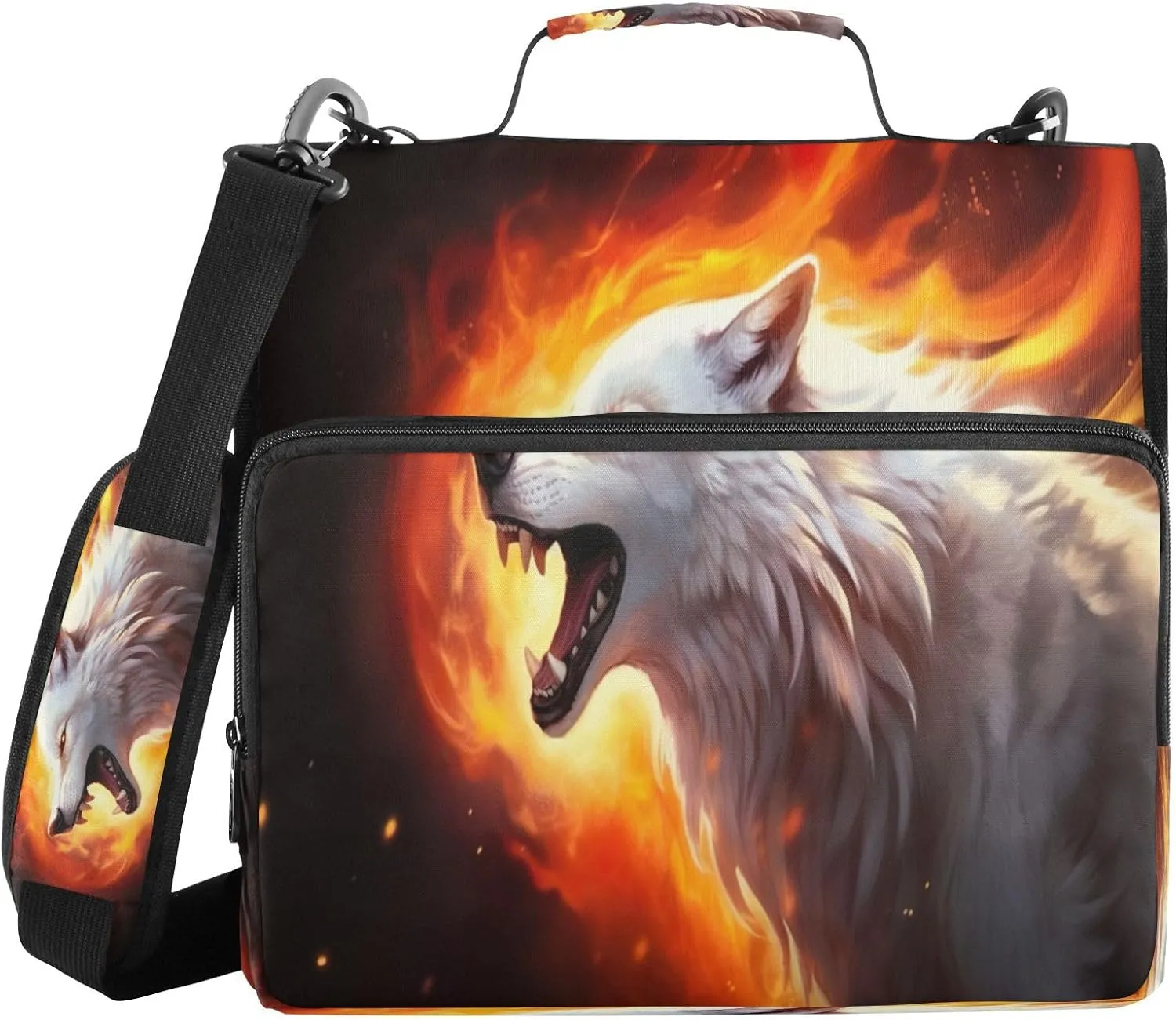 ATTX Wolfs with Fire Zipper Binder with Adjustable Padded Strap - 3 Ring 500 Sheet Capacity Binder Bag with Multi-Pocket Organizer, Fits 12 Inch Laptop#396