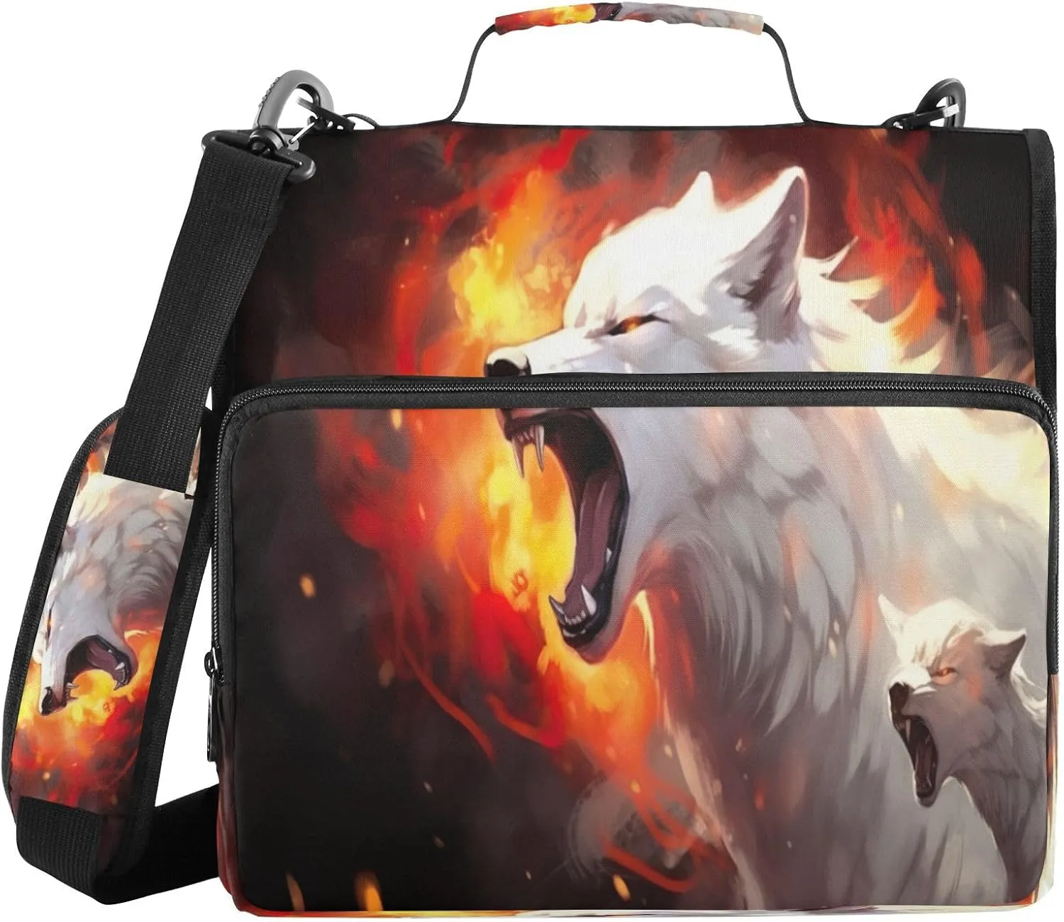 ATTX Wolfs with Fire Zipper Binder with Adjustable Padded Strap - 3 Ring 500 Sheet Capacity Binder Bag with Multi-Pocket Organizer, Fits 12 Inch Laptop#399