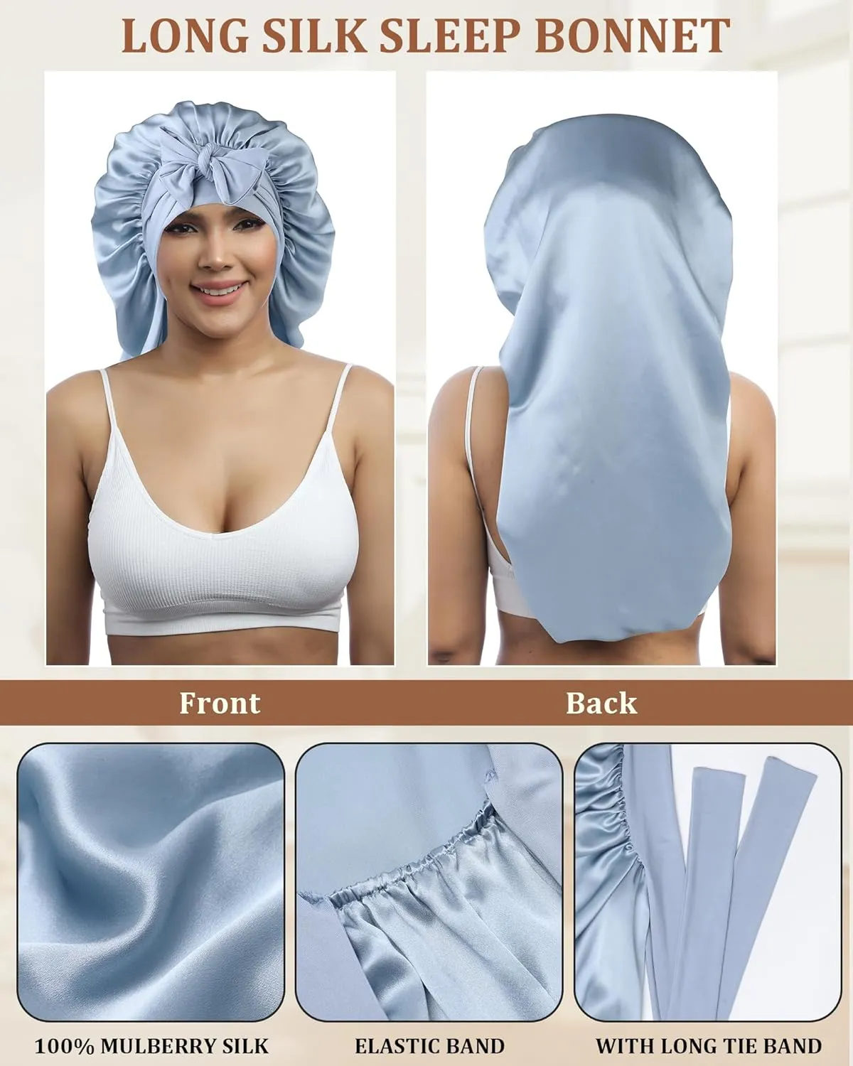 AWAYTR Long Silk Bonnet for Sleeping - 100% Mulberry Silk Bonnet for Women Long Hair Sleep Cap with Elastic Tie Band (Haze Blue)