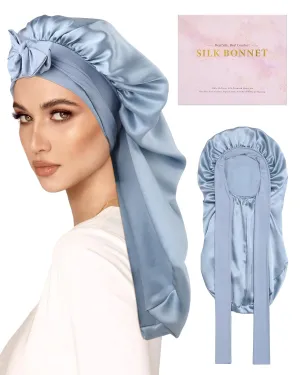 AWAYTR Long Silk Bonnet for Sleeping - 100% Mulberry Silk Bonnet for Women Long Hair Sleep Cap with Elastic Tie Band (Haze Blue)