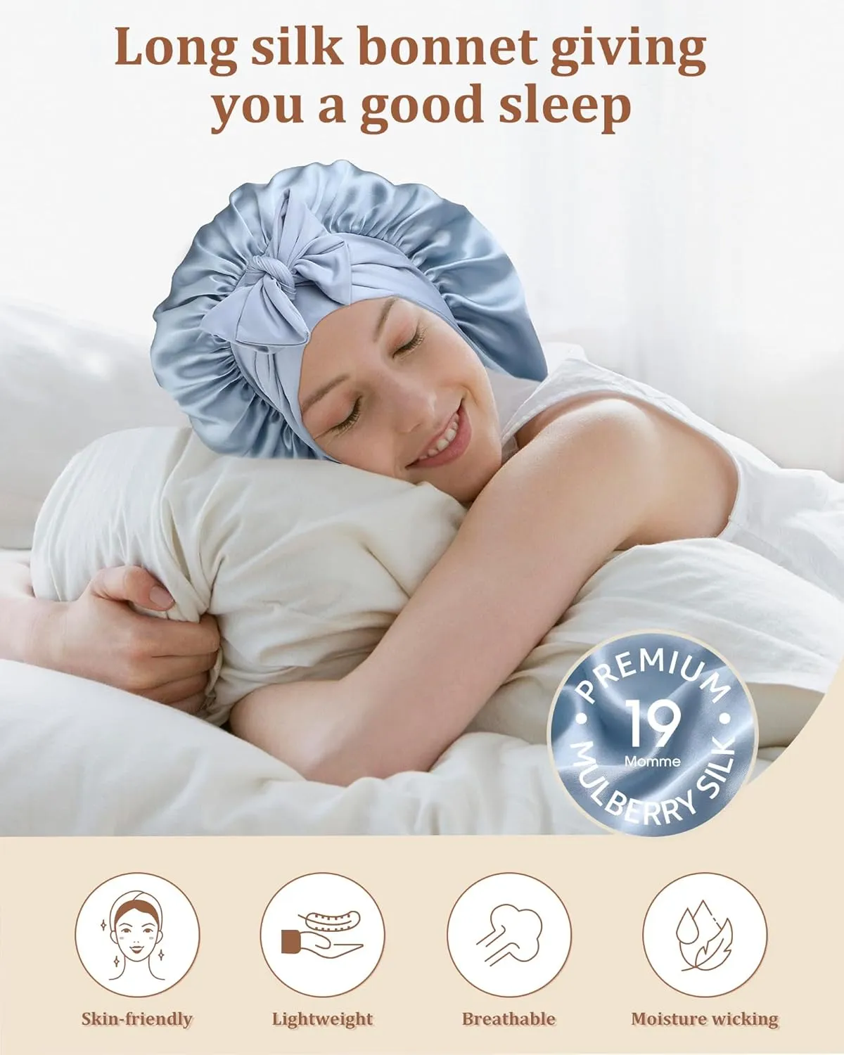 AWAYTR Long Silk Bonnet for Sleeping - 100% Mulberry Silk Bonnet for Women Long Hair Sleep Cap with Elastic Tie Band (Haze Blue)