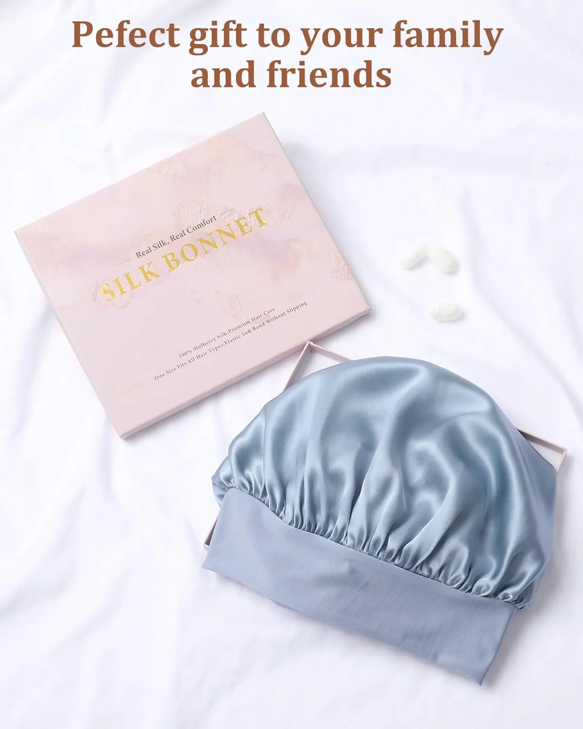 AWAYTR Long Silk Bonnet for Sleeping - 100% Mulberry Silk Bonnet for Women Long Hair Sleep Cap with Elastic Tie Band (Haze Blue)