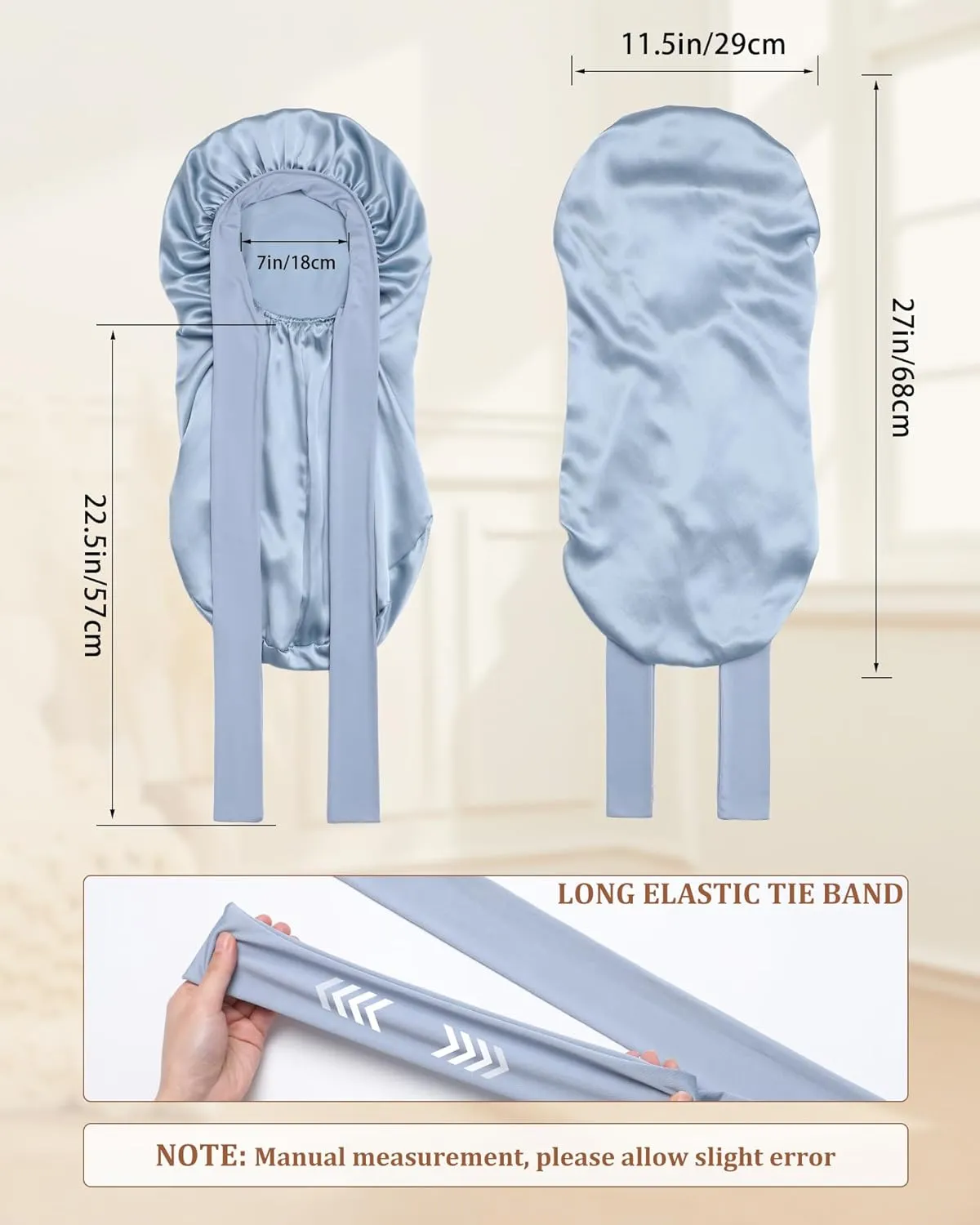 AWAYTR Long Silk Bonnet for Sleeping - 100% Mulberry Silk Bonnet for Women Long Hair Sleep Cap with Elastic Tie Band (Haze Blue)