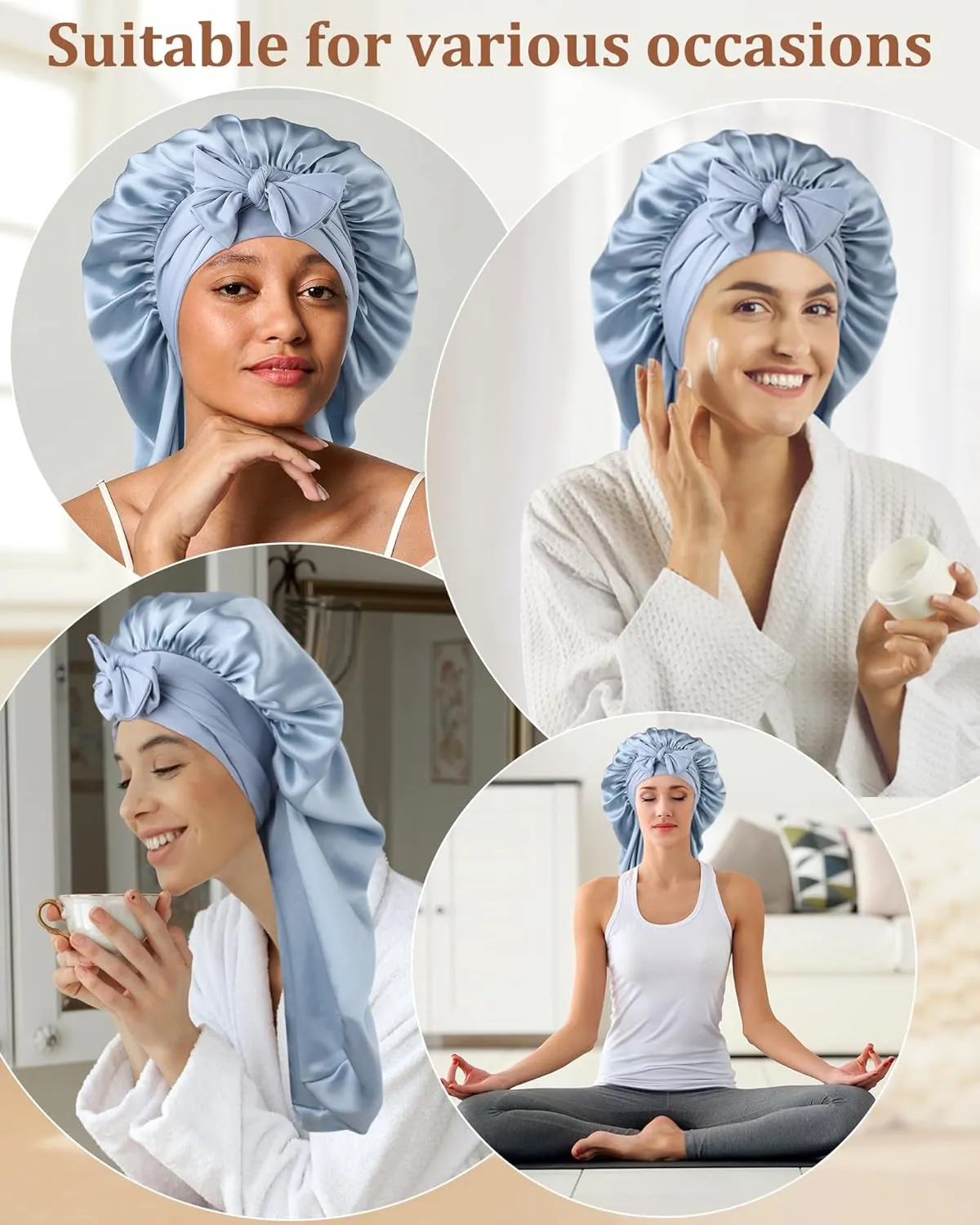 AWAYTR Long Silk Bonnet for Sleeping - 100% Mulberry Silk Bonnet for Women Long Hair Sleep Cap with Elastic Tie Band (Haze Blue)