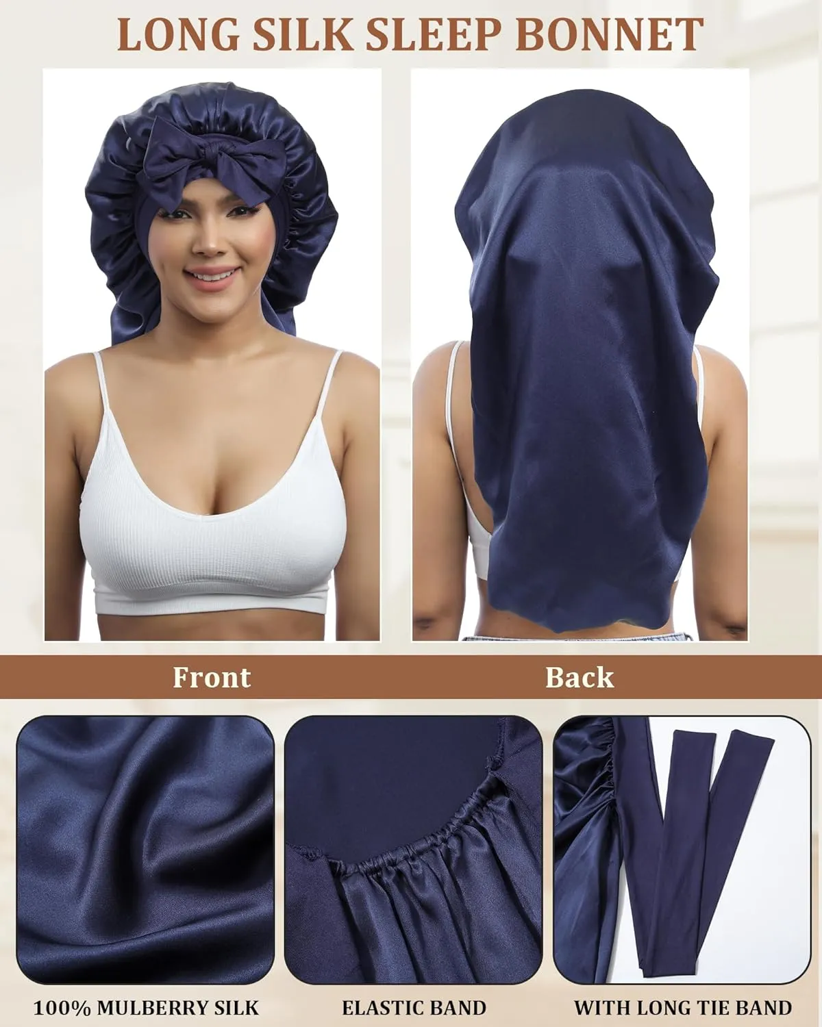 AWAYTR Long Silk Bonnet for Sleeping - 100% Mulberry Silk Bonnet for Women Long Hair Sleep Cap with Elastic Tie Band (Navy Blue)