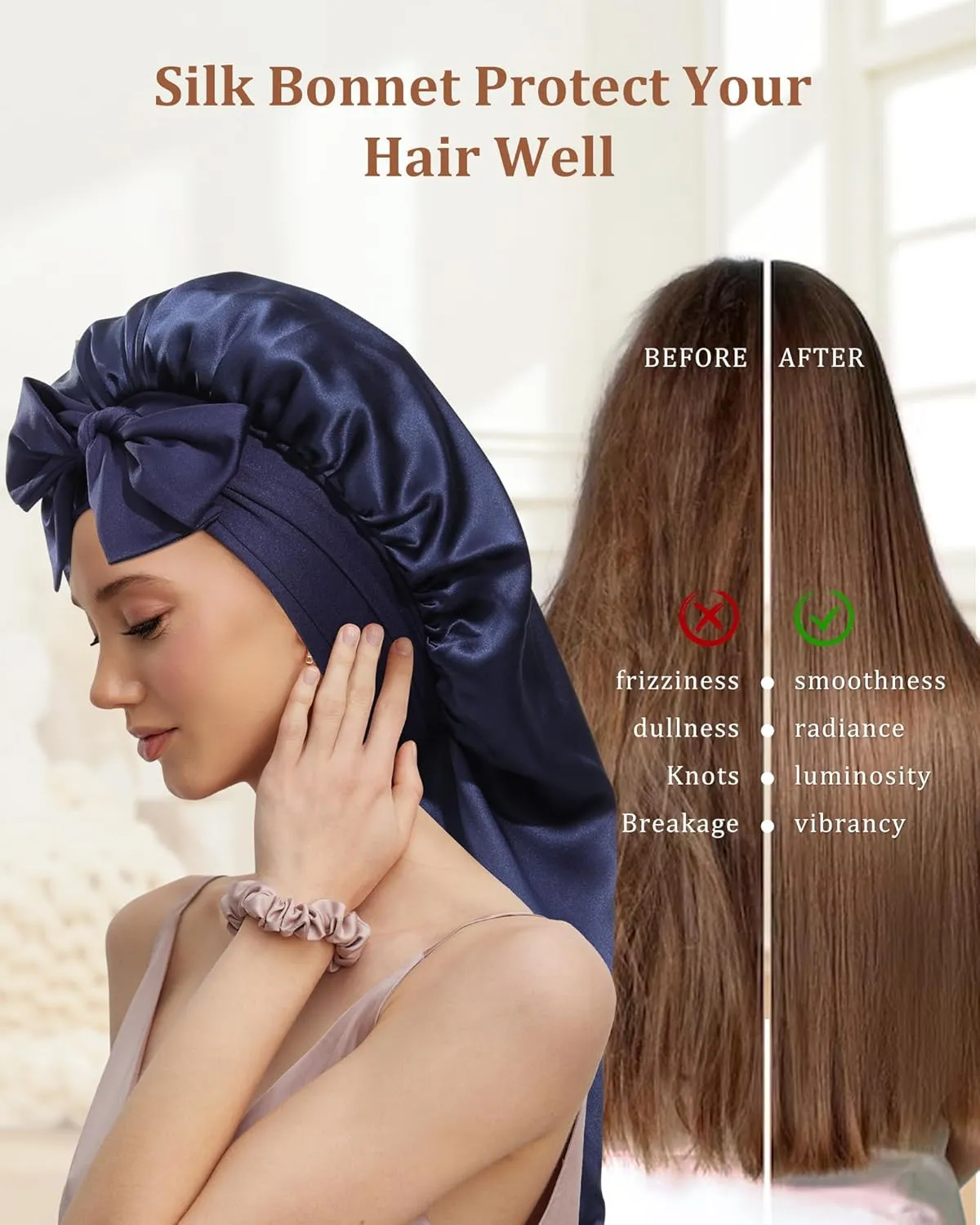 AWAYTR Long Silk Bonnet for Sleeping - 100% Mulberry Silk Bonnet for Women Long Hair Sleep Cap with Elastic Tie Band (Navy Blue)